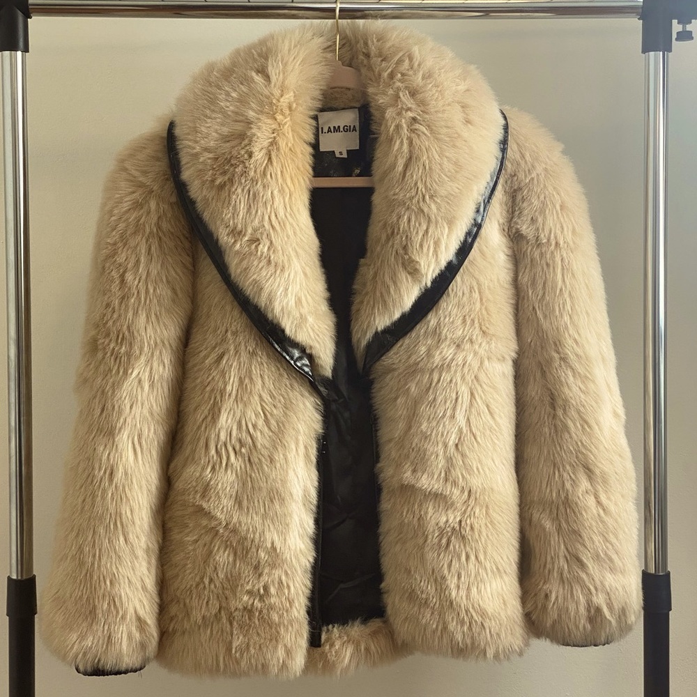 I AM GIA faux fur coat with patent accents